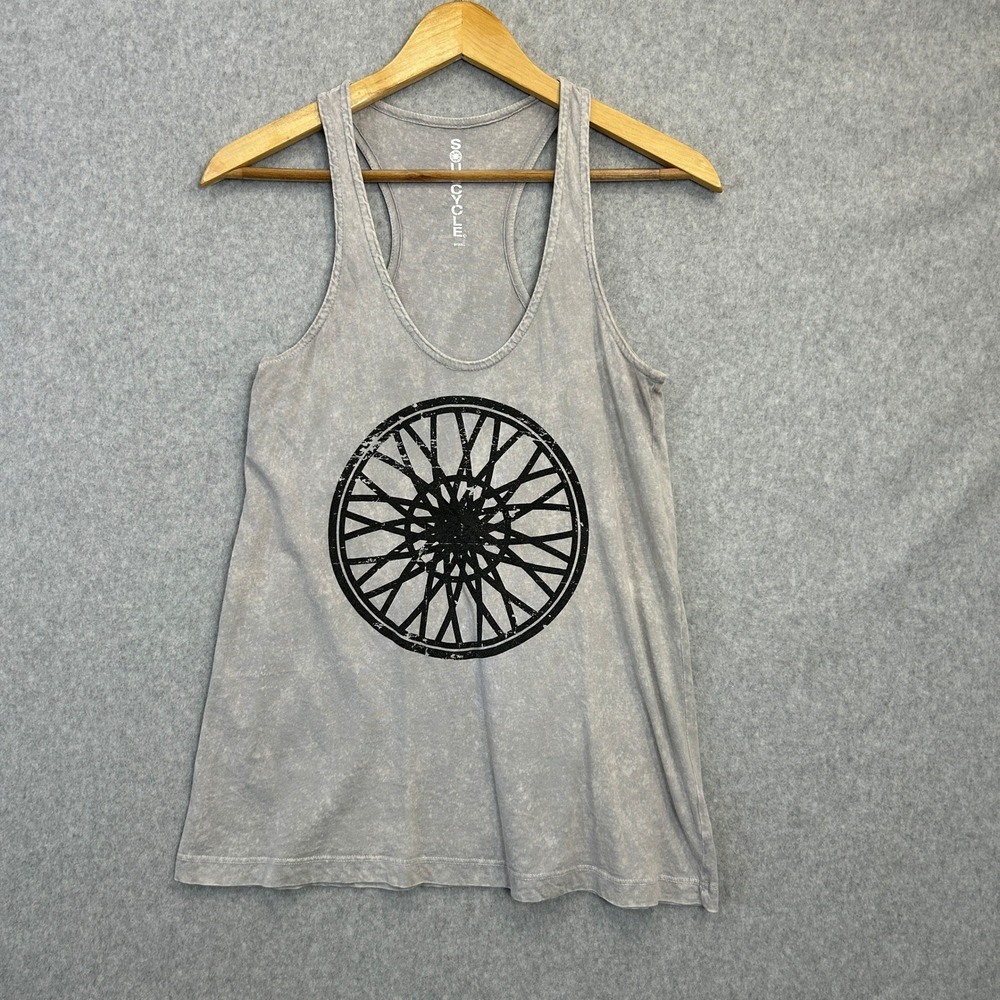 SoulCycle Size Small Tank Top Gray Mineral Wash Spin Wheel Graphic Racerback